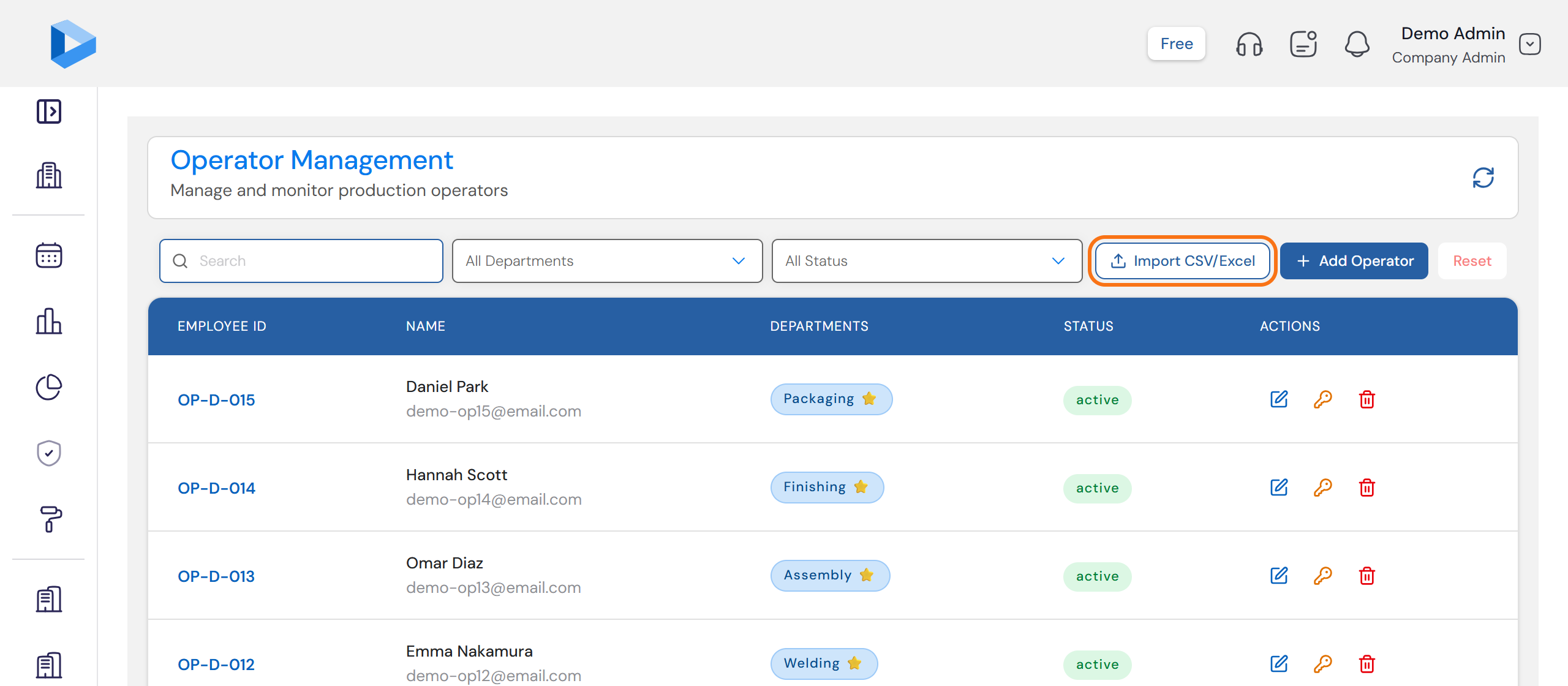 The Operators page with the Import CSV/Excel button outlined