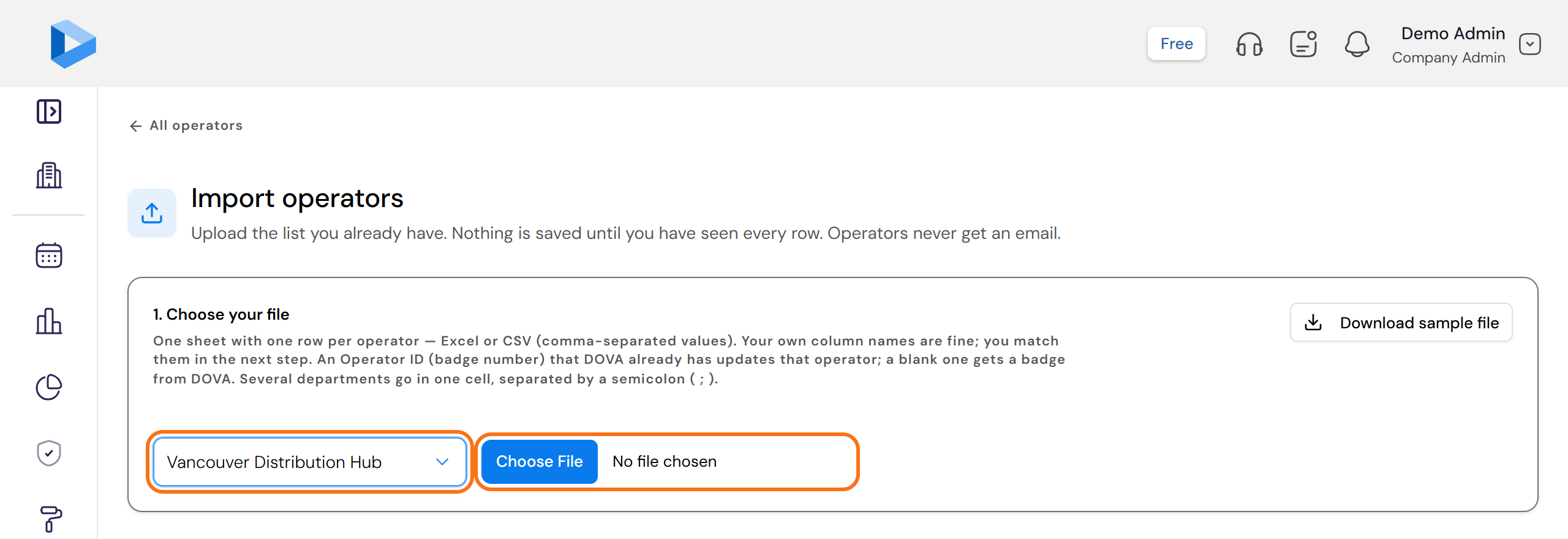 The Import operators screen with the plant picker and the Choose File button outlined