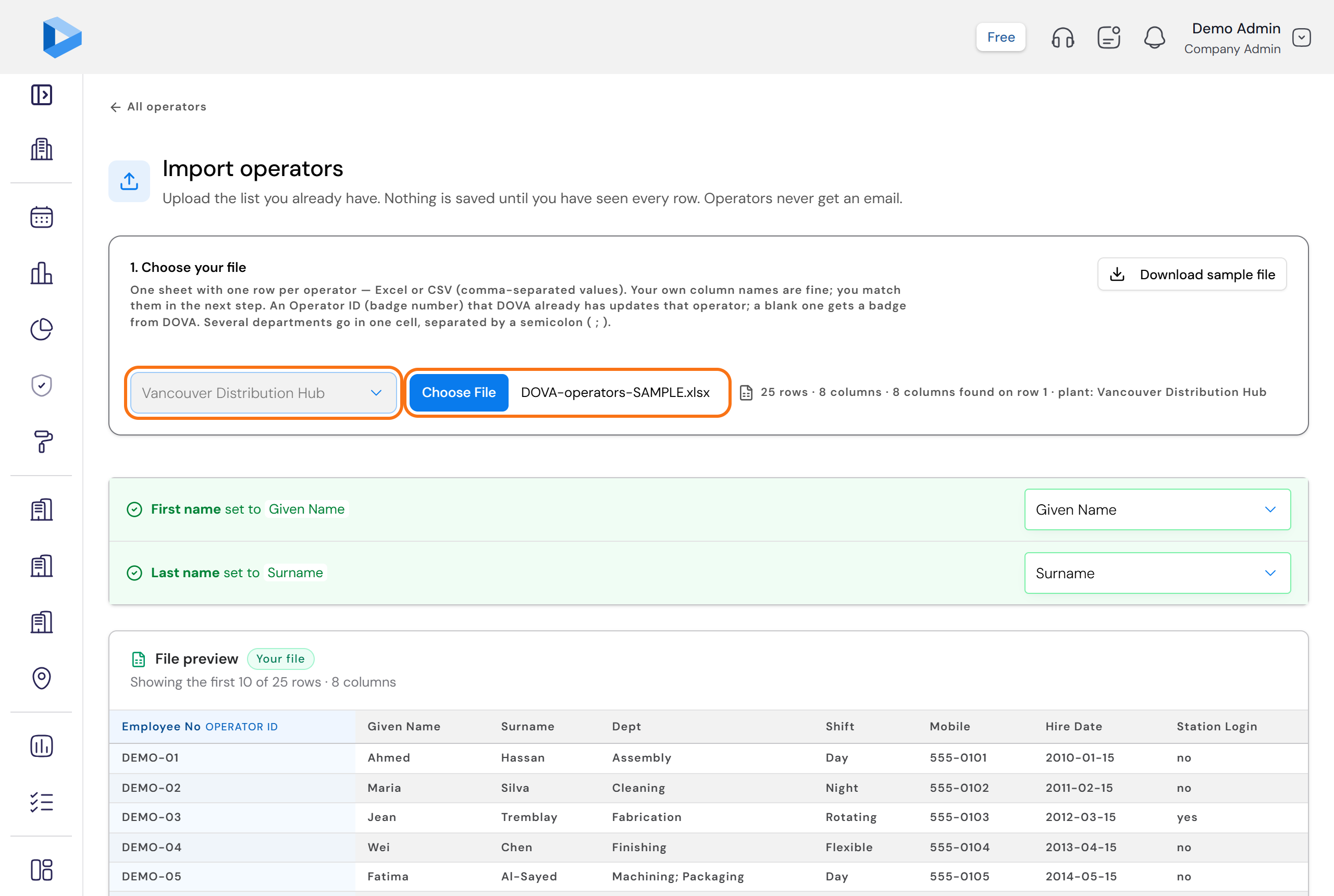The match columns step: First name set to Given Name and Last name set to Surname, with a preview of the file
