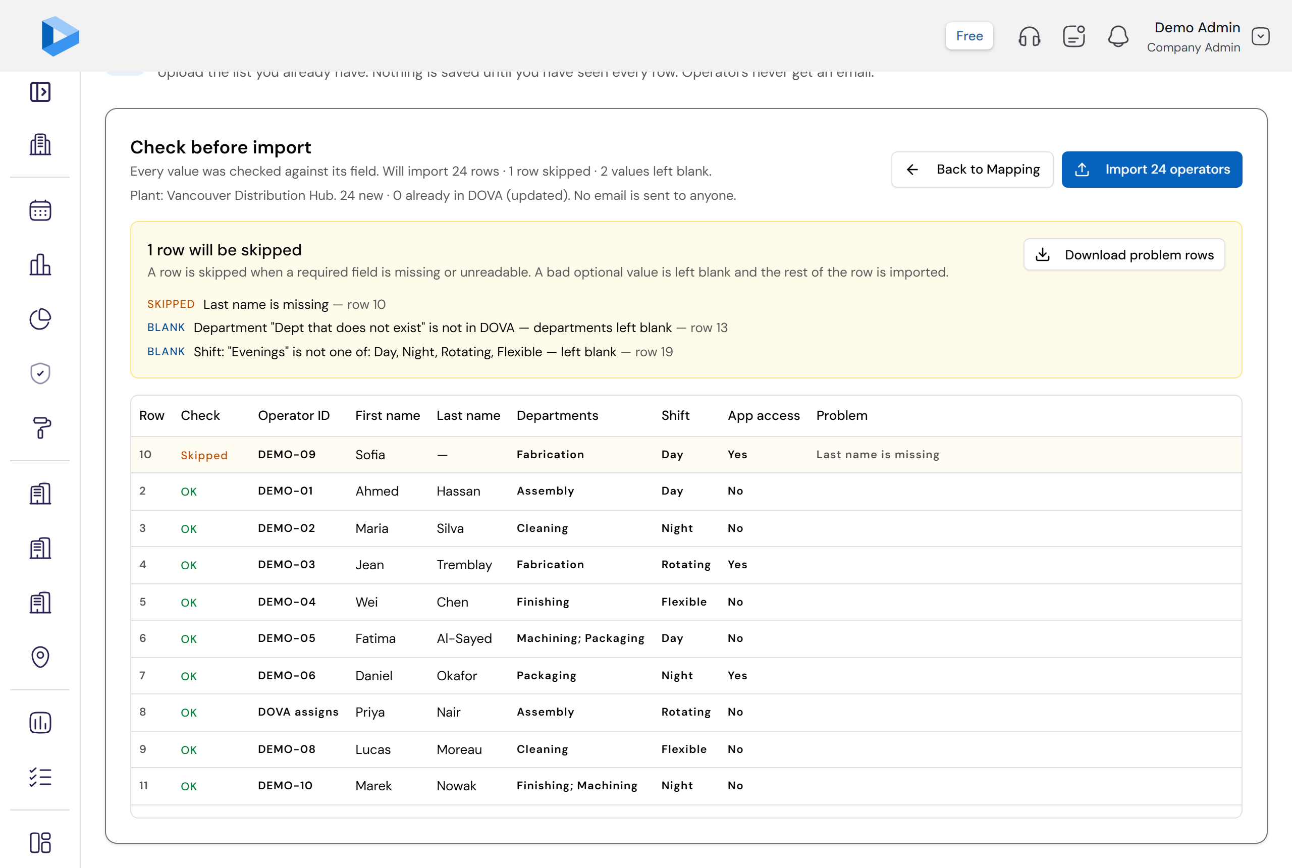 The Check before import screen: 24 operators will import, 1 row skipped and 2 values left blank