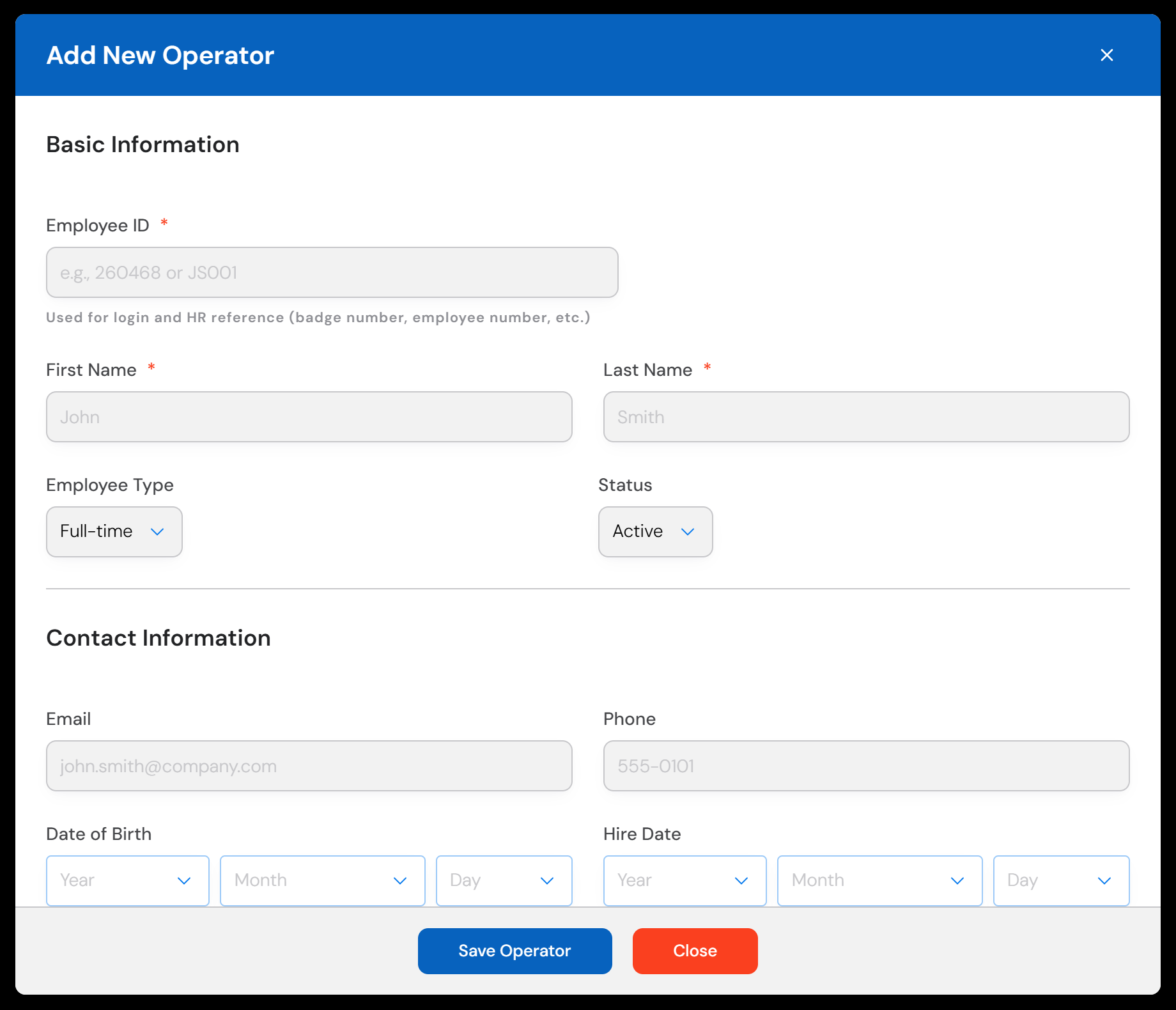 The Add New Operator form with Employee ID, First Name and Last Name marked as required