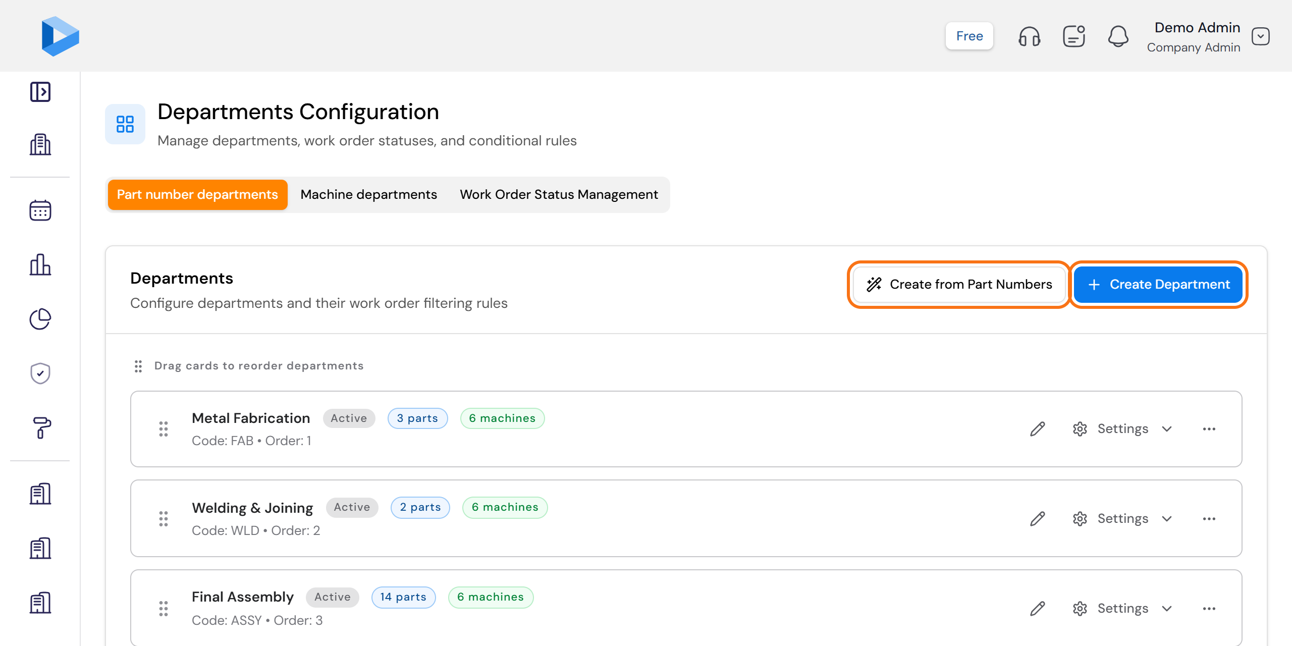The Departments page with the Create from Part Numbers and Create Department buttons outlined