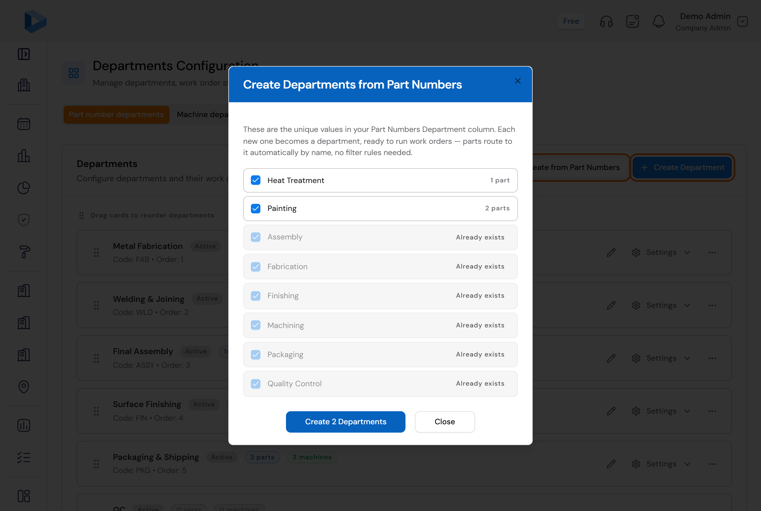 The Create Departments from Part Numbers window: two new names ticked, six marked Already exists, and a Create 2 Departments button