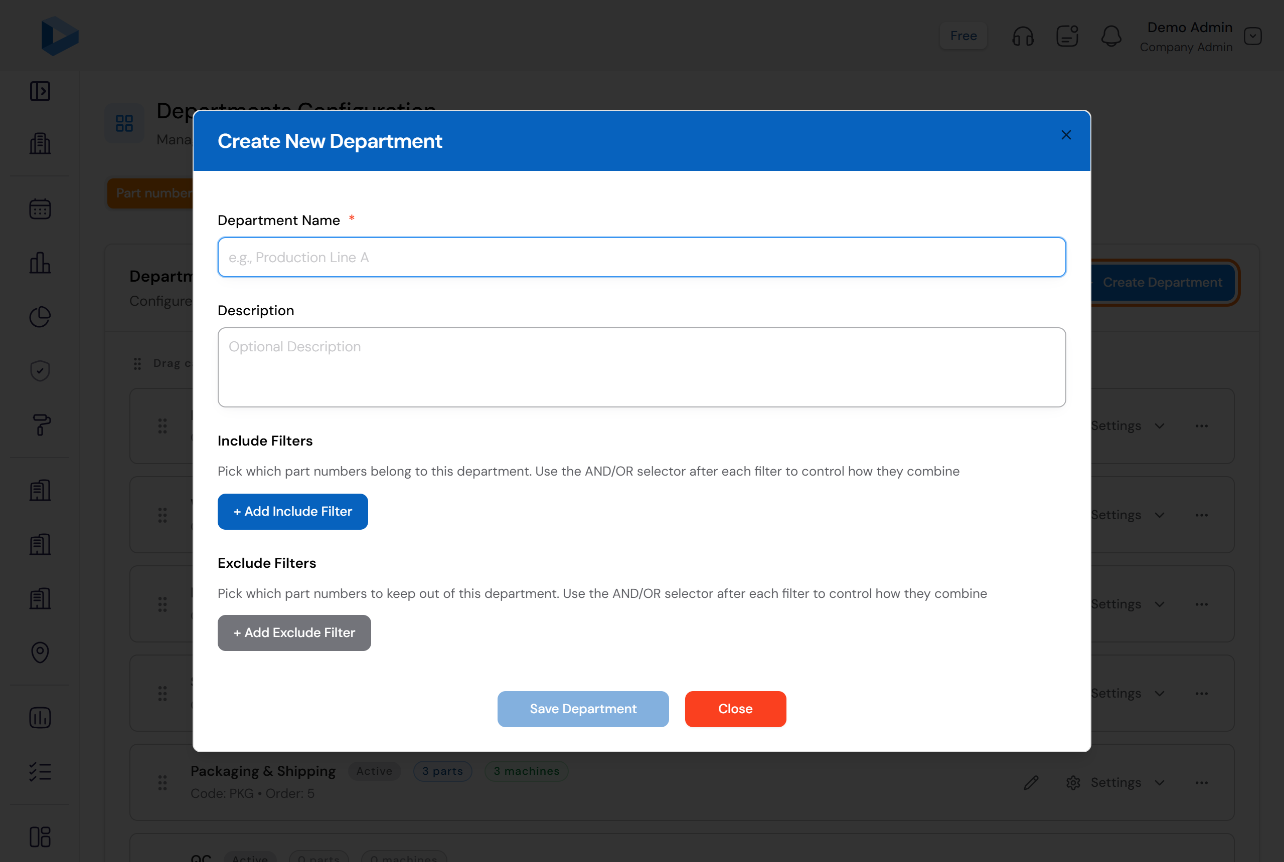The Create New Department form with Department Name, Description, Include Filters and Exclude Filters