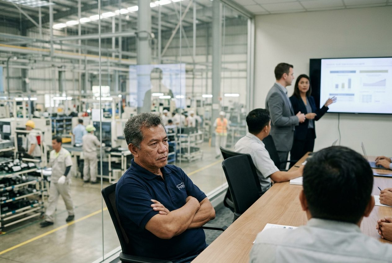 A plant manager with arms crossed while consultants present a slide deck