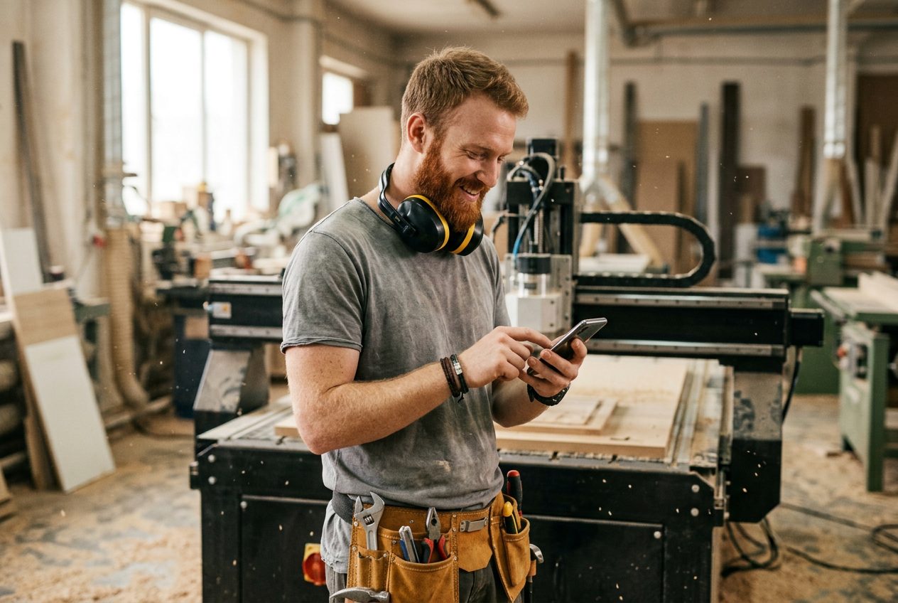 A young maintenance technician using his phone beside a CNC router in a woodworking plant