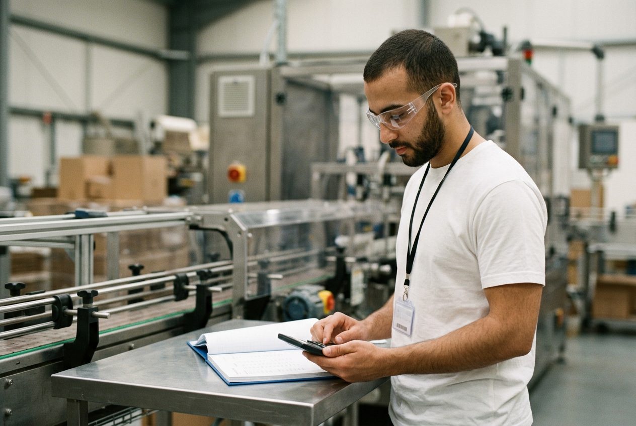 A process engineer checking numbers with a calculator beside a packaging line