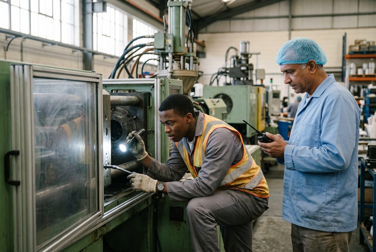 A maintenance technician checking a stopped plastic moulding machine while the operator waits on the radio